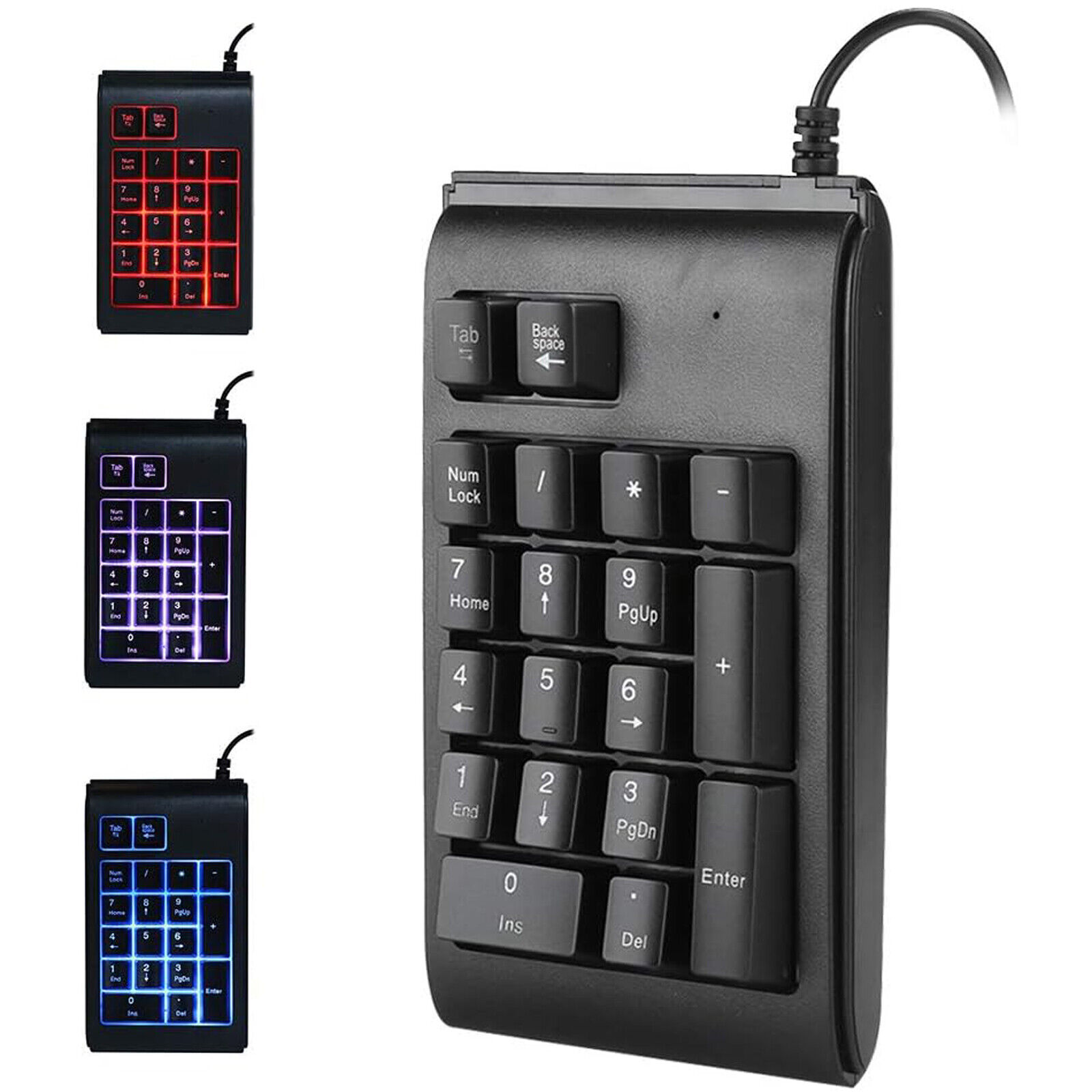 USB Wired 3-Color LED Backlight Numeric Keypad 19-Keys Backlit Numpad for Laptop