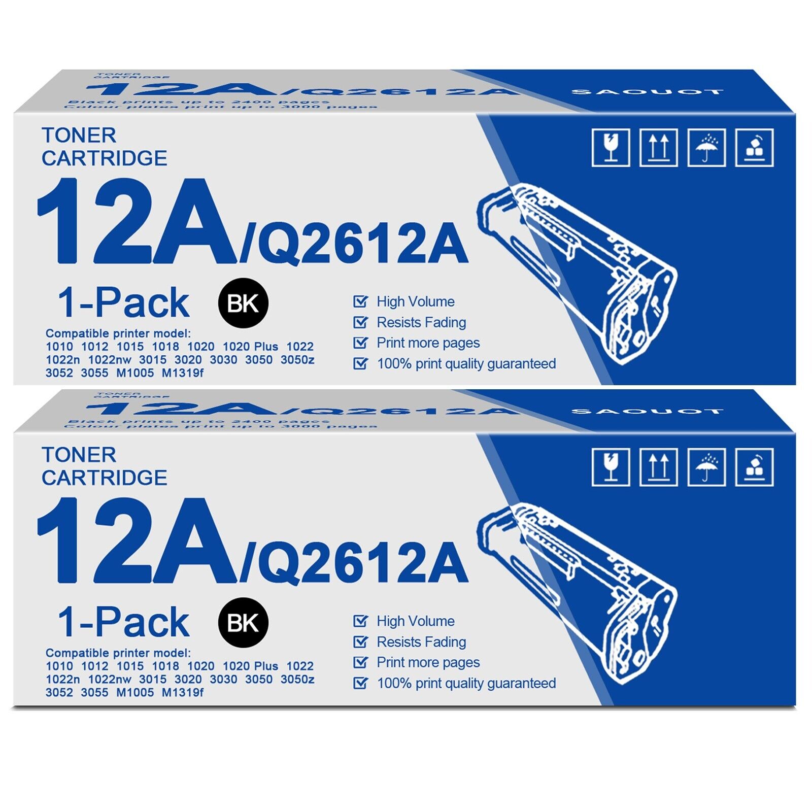12A | Q2612D Toner Cartridge Replacement for HP Q2612A 1010 1020 3015, 2 Black