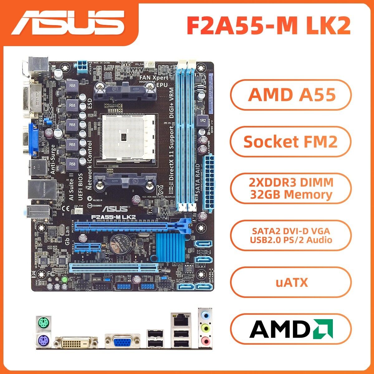 ASUS F2A55-M LK2 Motherboard uATX AMD A55 Socket FM2 DDR3 SATA2 DVI-D VGA+I/O