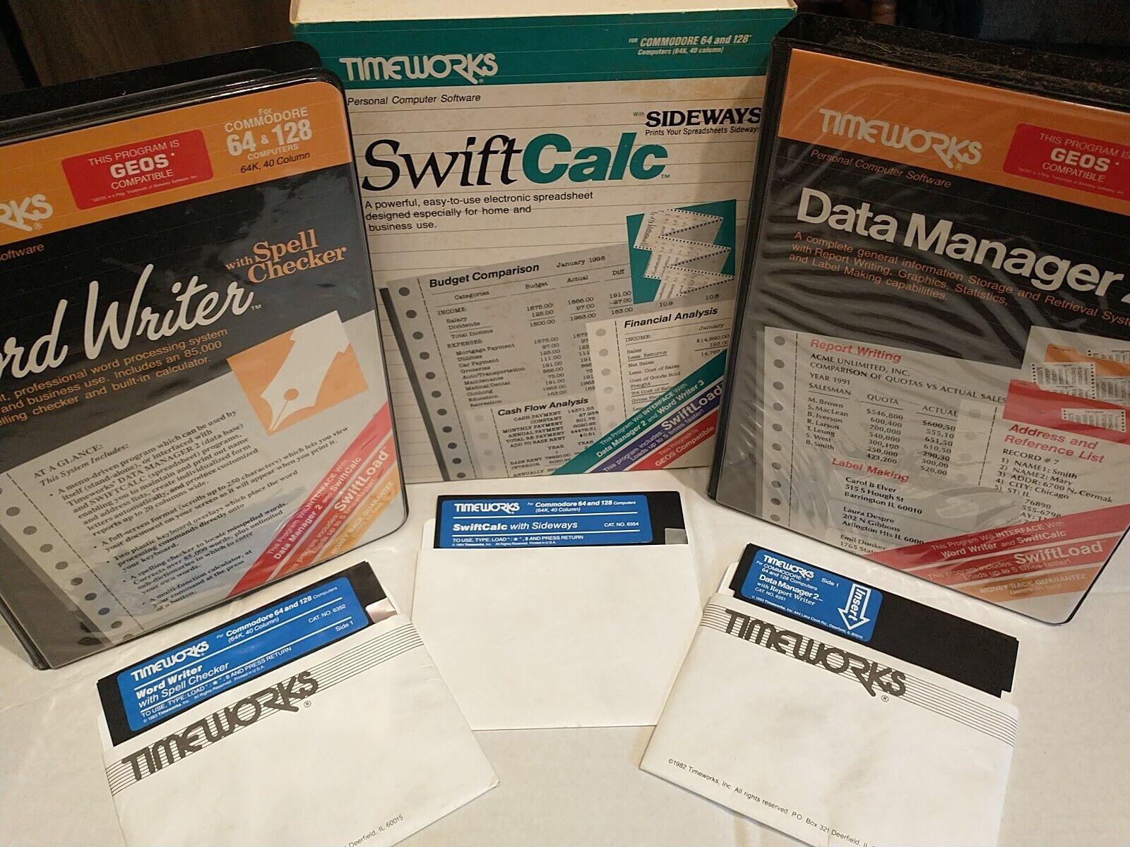 Commodore 64/ 128 Computer Software By Timeworks: Word, Data and Spreadsheet Lot