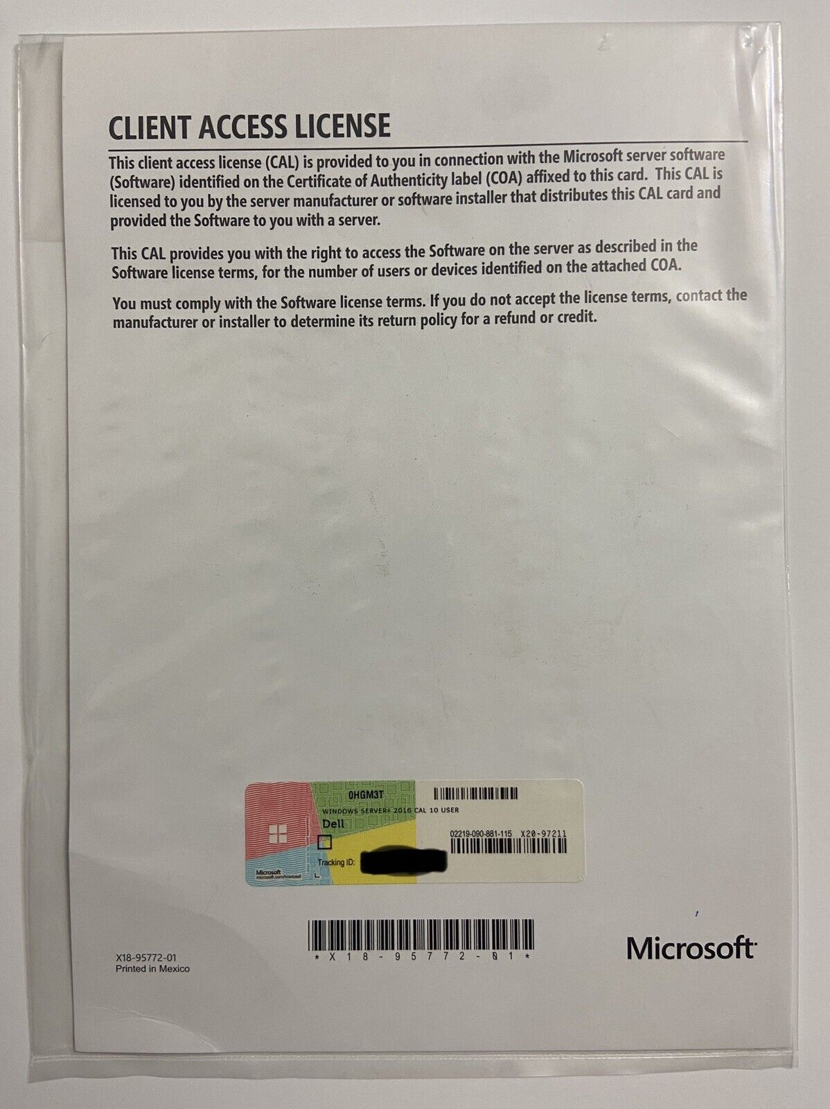 Microsoft Windows Server 2016 CAL 10 User Client Access Licenses Dell P/N 0HGM3T