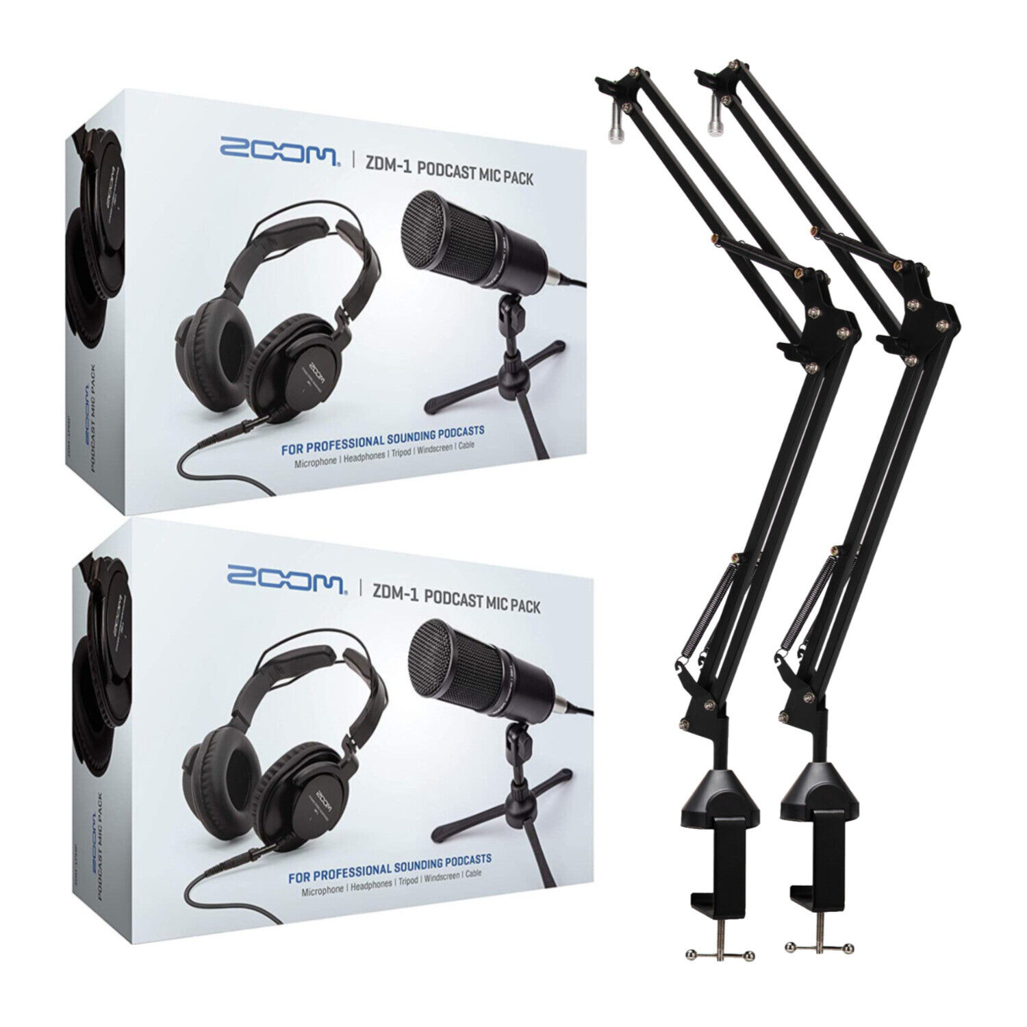 Zoom ZDM 1 2 Person Podcast MicrophonePack Accessory Bundle and Two Knox BoomArm