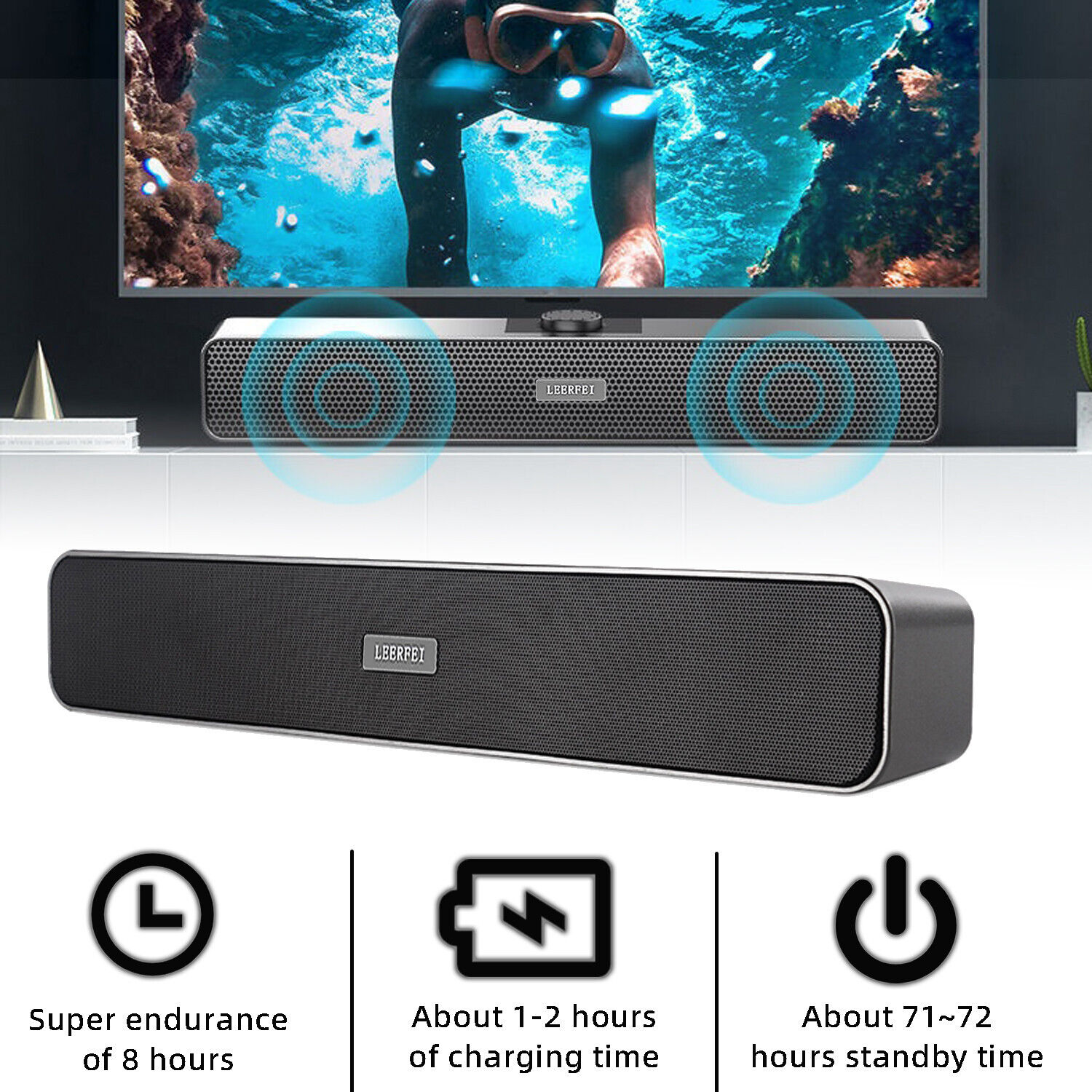 Bluetooth 5.0 Dual Speakers Surround Sound Bar System Subwoofer TV Home Theater