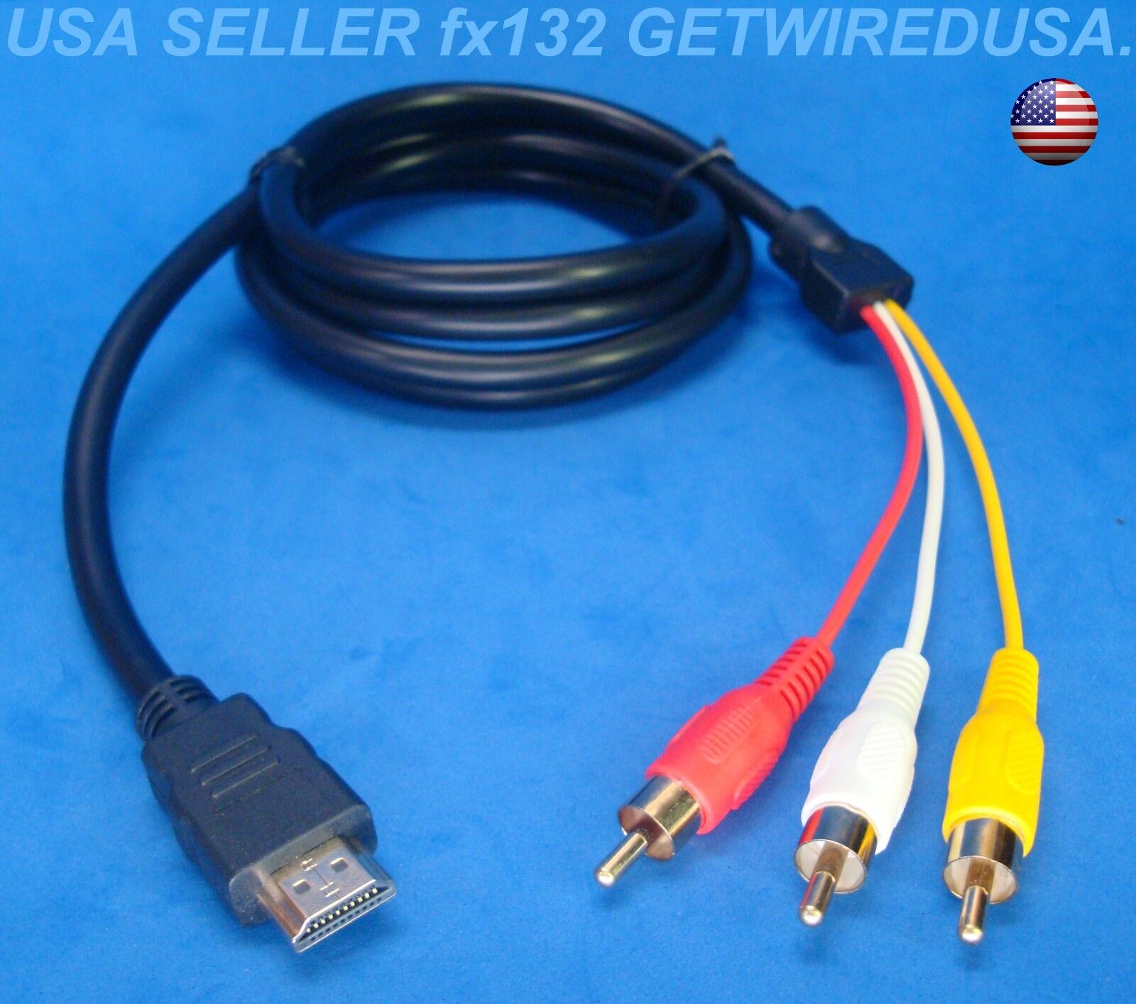 usa seller 3-RCA JACKS RED YELLOW WHITE to HDMI AUDIO VIDEO ADAPTOR 5FT AUX CORD