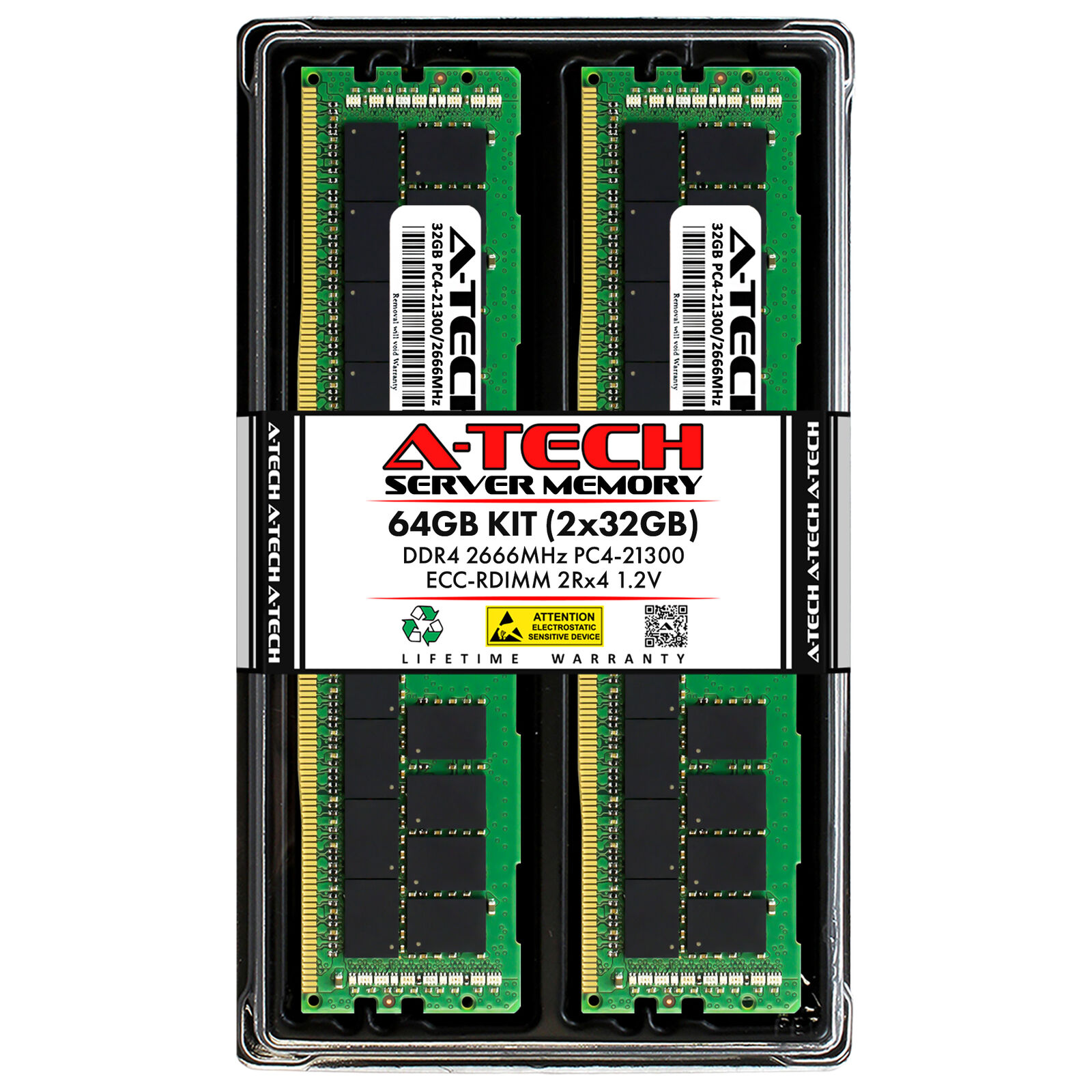 A-Tech 64GB 2x 32GB 2Rx4 PC4-21300R DDR4 2666MHz ECC REG RDIMM Server Memory RAM