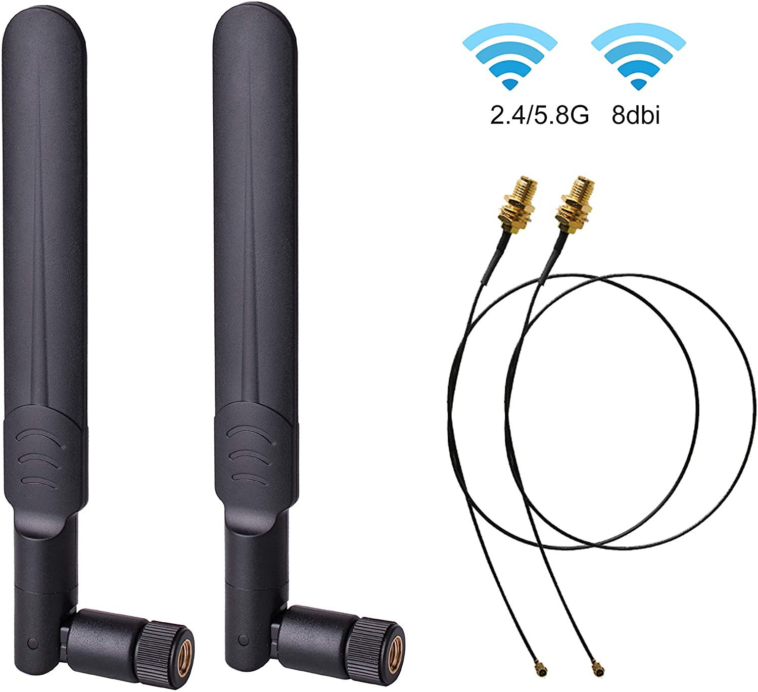 2 X 8Dbi Wifi Rp-Sma Antena Macho 2.4Ghz 5.8Ghz Doble Banda +2 X 15Cm U.Fl