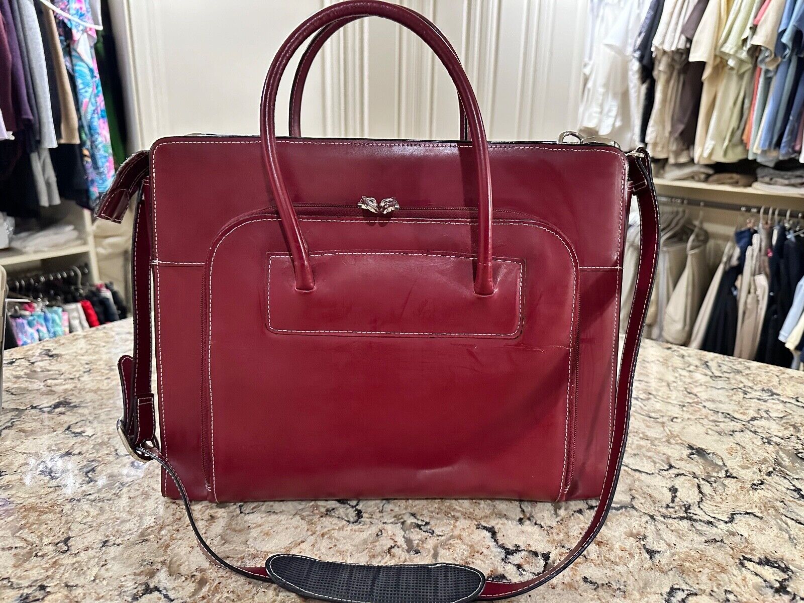 MCKLEIN Deep Red Leather MCKLEIN Laptop Briefcase Crossbody Shoulder Bag  Large