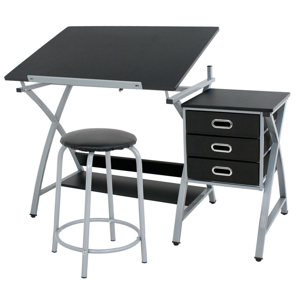 Folding Drafting Table Station Art & Craft Drawing Desk with Side Shelf & Stool 