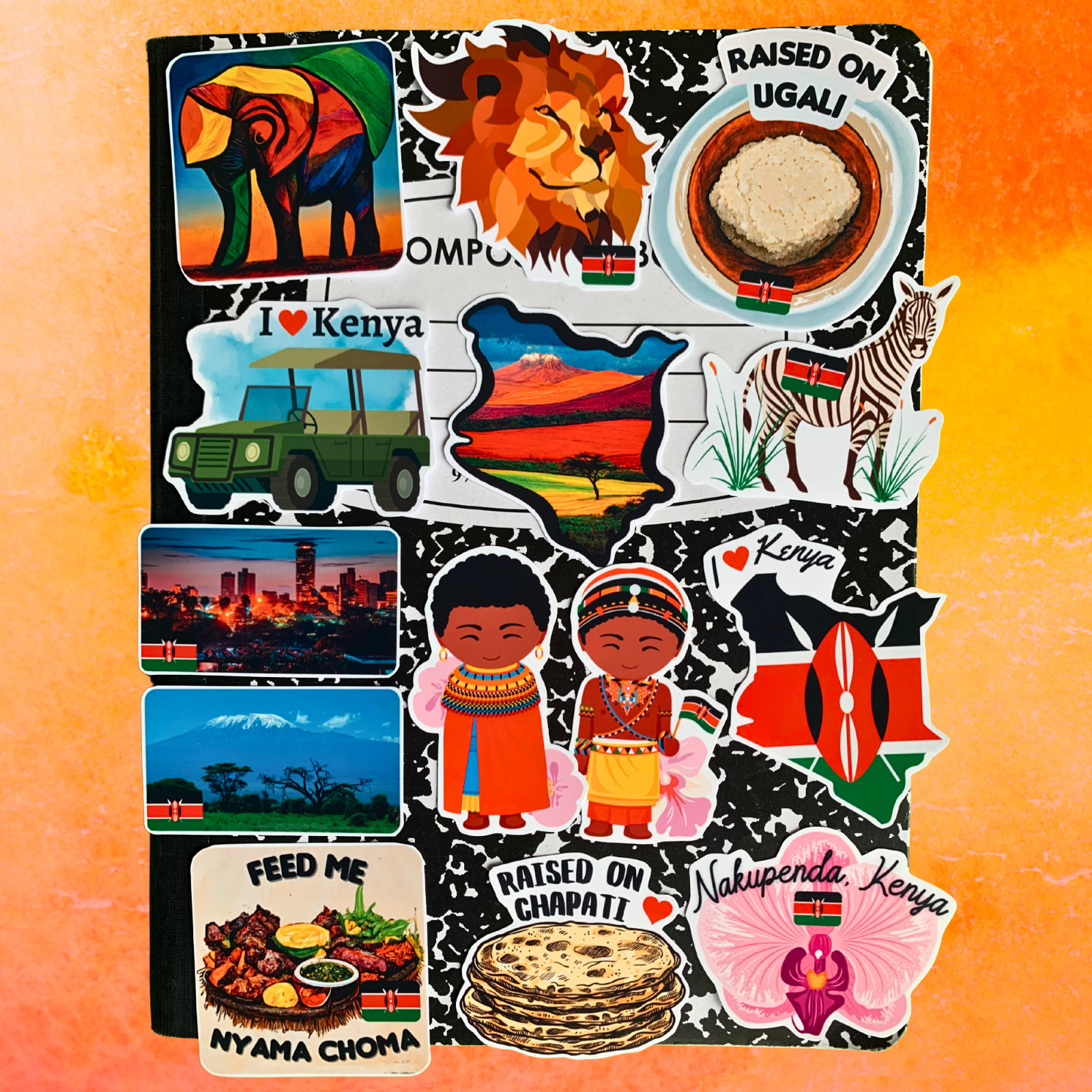 Kenya Decals Waterproof Stickers Pack of 14 - Kenyan Art Gift