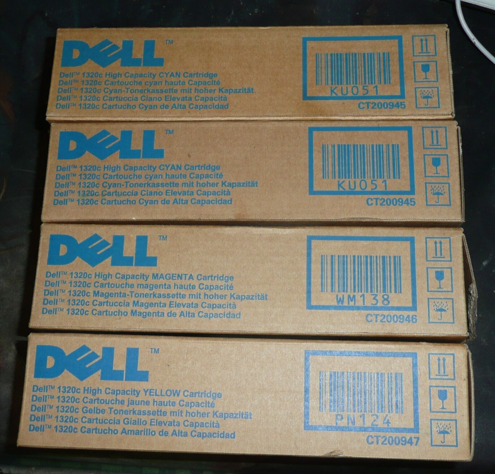 Lot Set of 4 Genuine Dell 1320c Cyan Magenta Yellow Toner HIGH CAPACITY Cart.