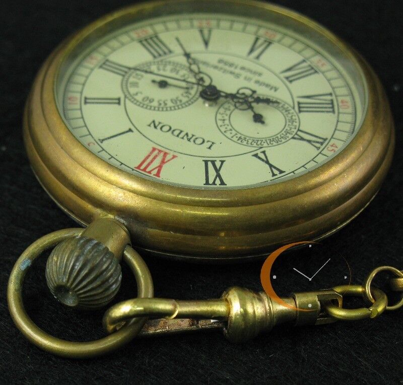 Vintage Full Copper Hand-wind Mechanical Pocket Watch Second&24hours Sub-dials