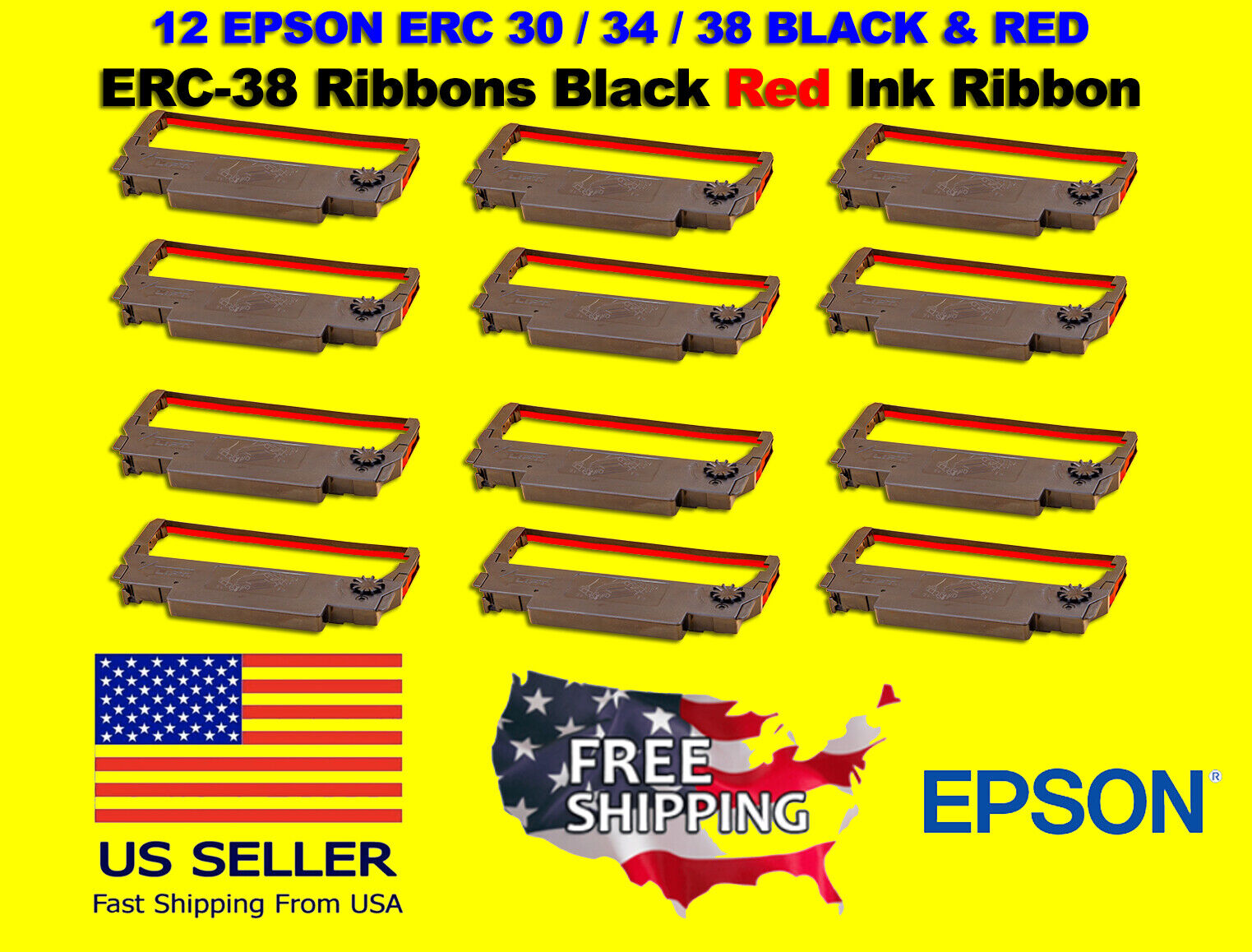 12 EPSON ERC 30 / 34 / 38 BLACK & RED INK PRINTER RIBBONS **FREE SHIPPING** NEW