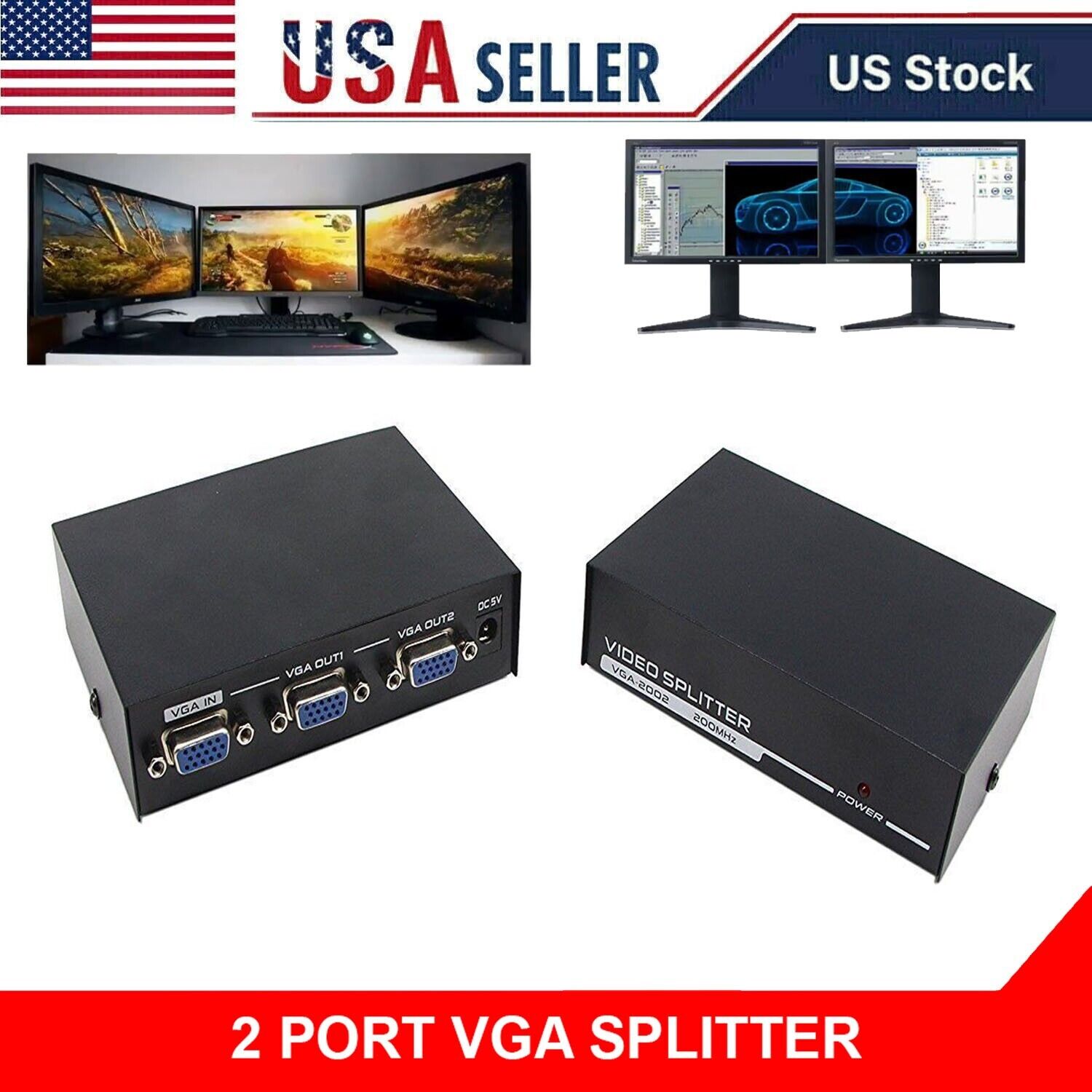 2-Ports VGA Splitter (200MHz) for 2 PC to share 1 system High Video Vga Splitter
