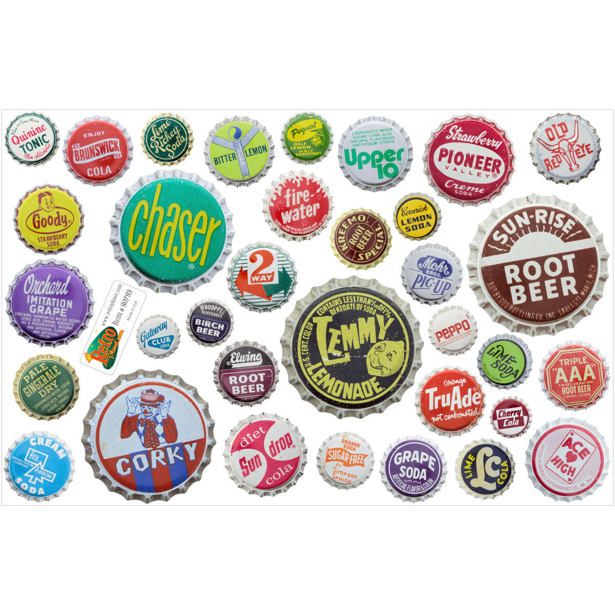 Soda Pop Bottle Caps Vinyl Sticker Sheet of 33 Vintage Style Decals