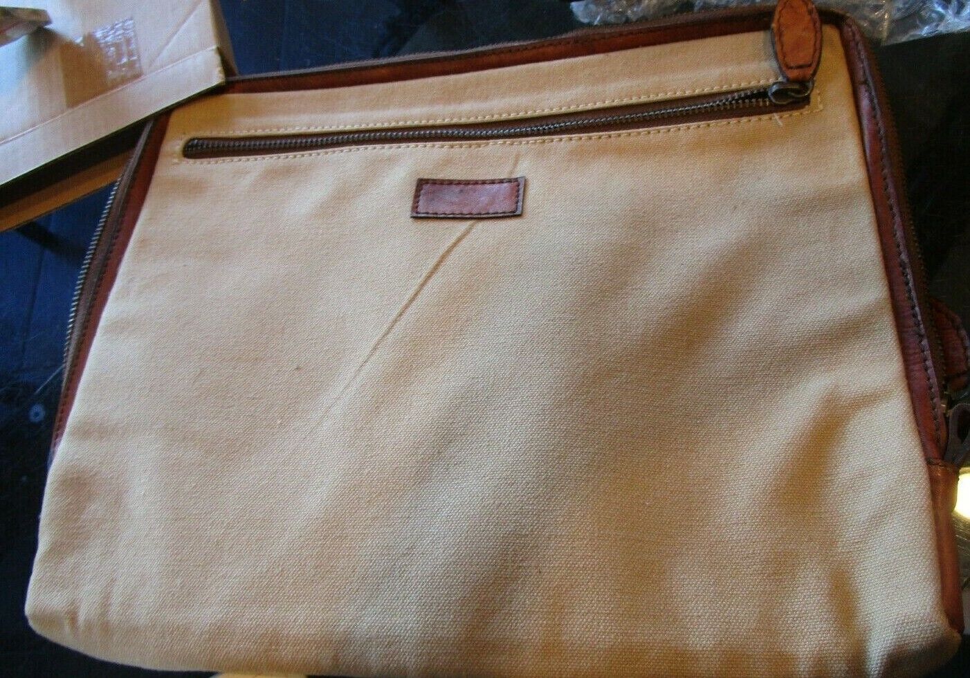 Pottery Barn canvas Saddle Leather trim  Laptop Sleeve New wo tag