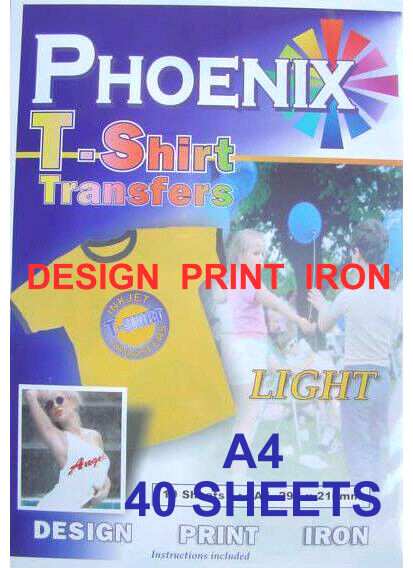 Phoenix Brand IRON ON T TEE Shirt LIGHT Transfer Paper A4 40 Sheets
