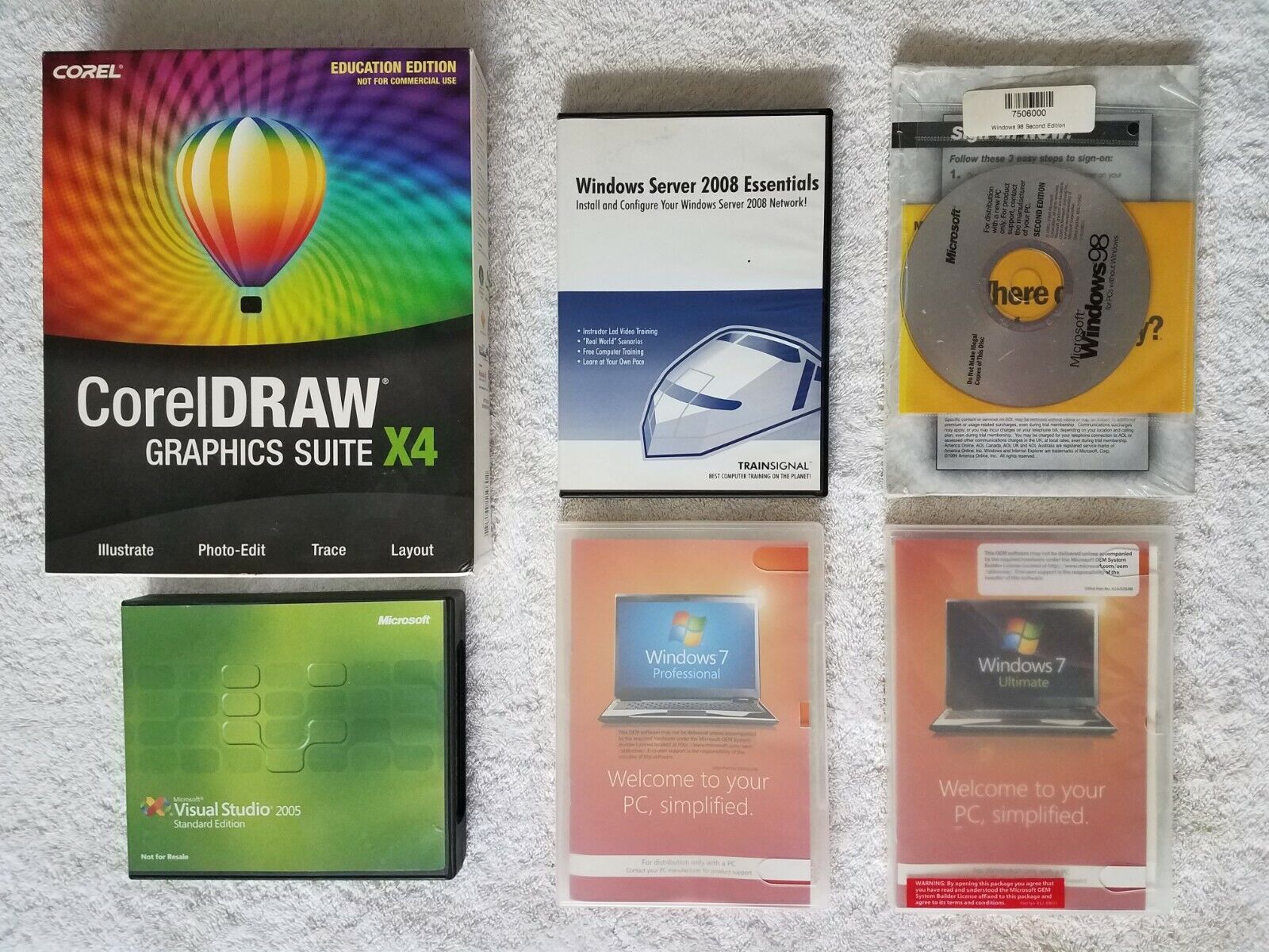 WIndows 7 (Pro64), WIndows 7 (Ult32), Windows 98SE, VS 2005 Std, TrainSignal 2k8