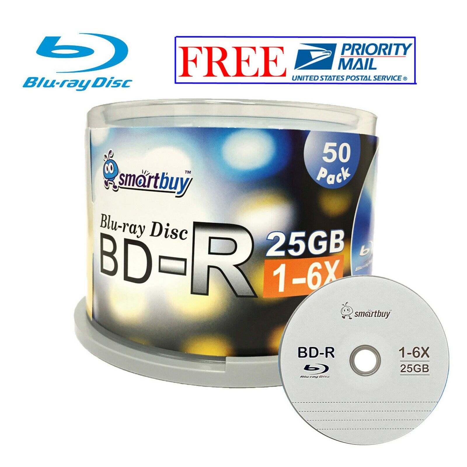 50 Pack SmartBuy Logo Top Surface BD-R BDR 6X 25GB Blue Blu-ray Recordable Disc
