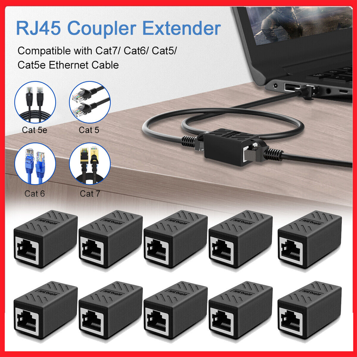 10 Pcs RJ45 Inline Coupler Cat7 Cat6 Cat5e Ethernet LAN Network Cable Adapter US