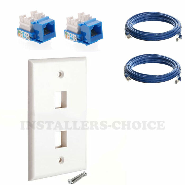 2 x RJ45 Keystone Jack Cat5e Ethernet With 6Ft Jumper Cable 2 Port Wall Plate