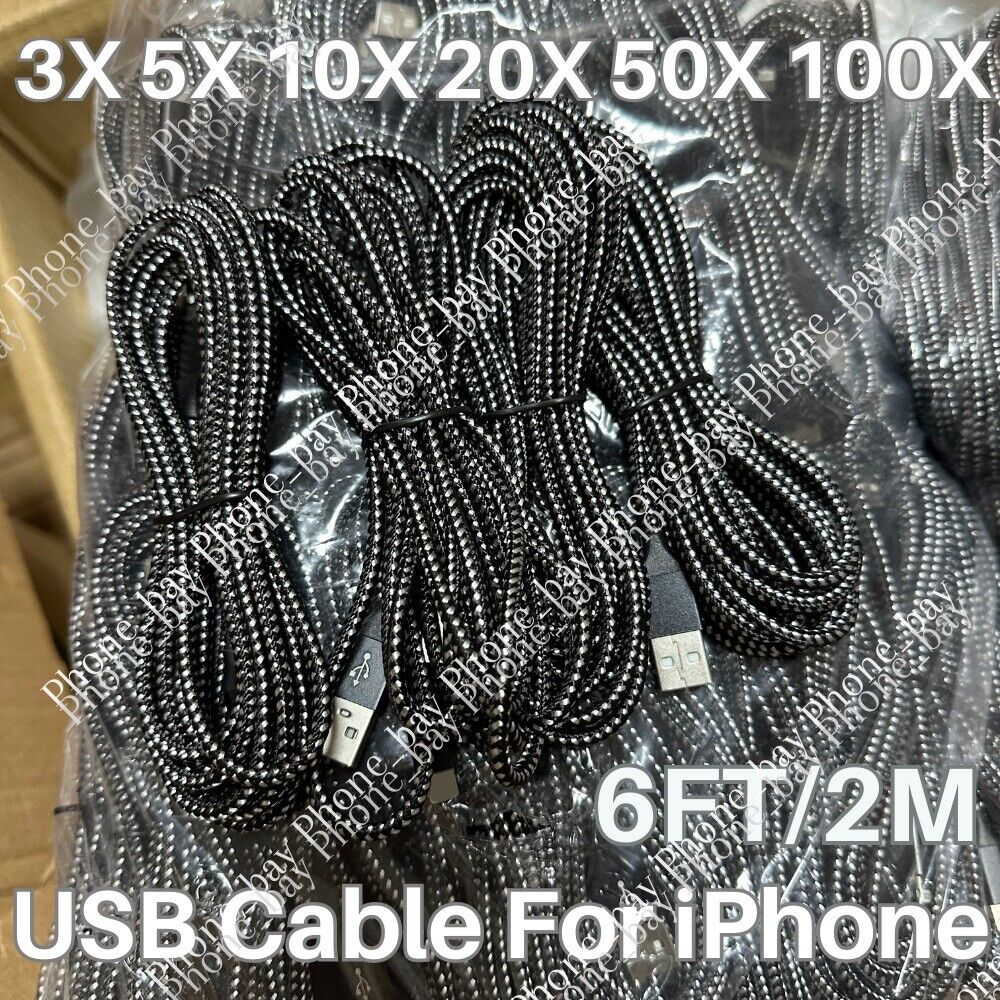Bulk Lot Braided USB Cable 6ft For iPhone 14/13/12/11/X/8/7/6/5 Fast Charge Cord