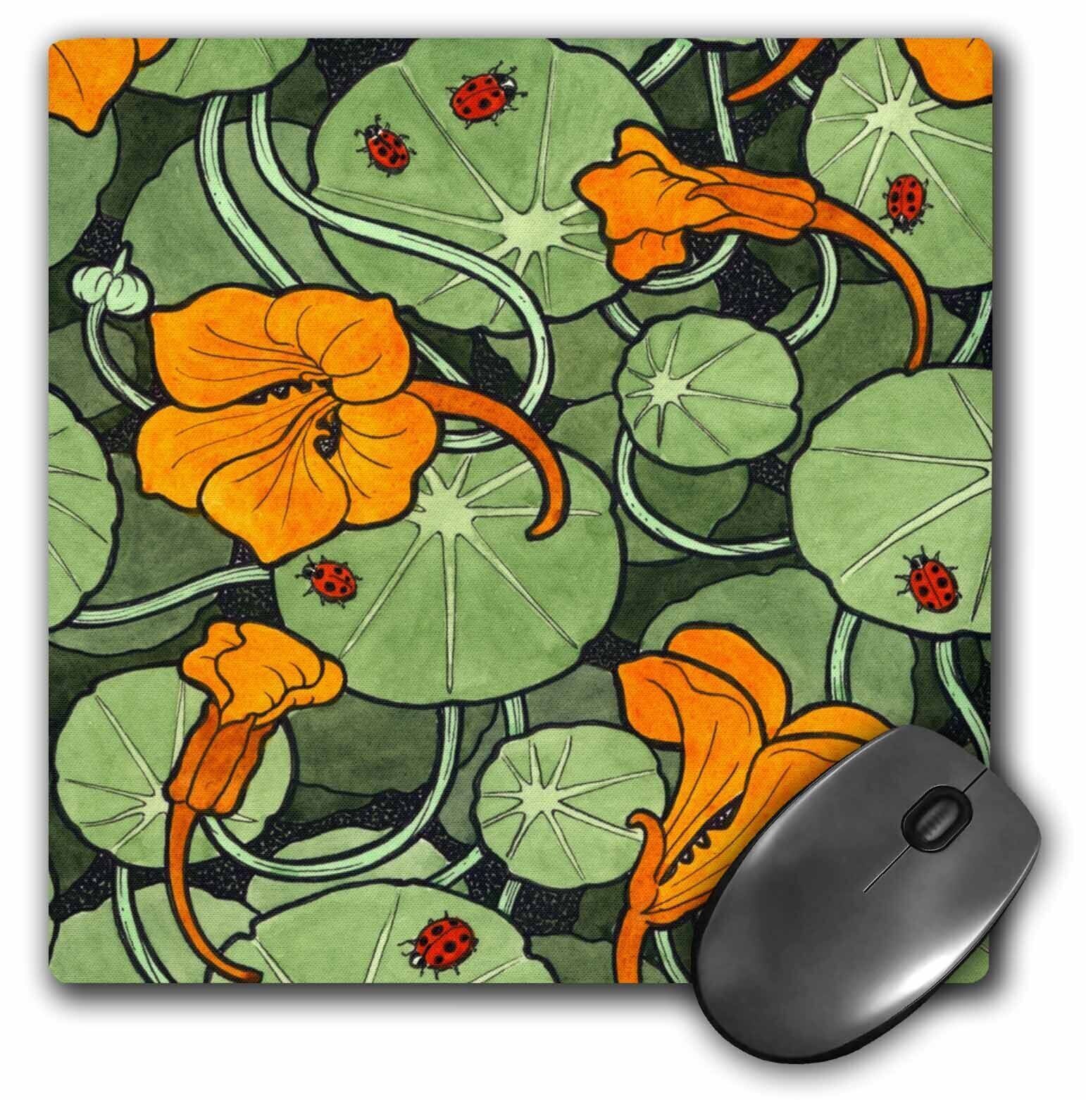 3dRose Art Nouveau Orange Nasturtium Flowers with Ladybirds MousePad