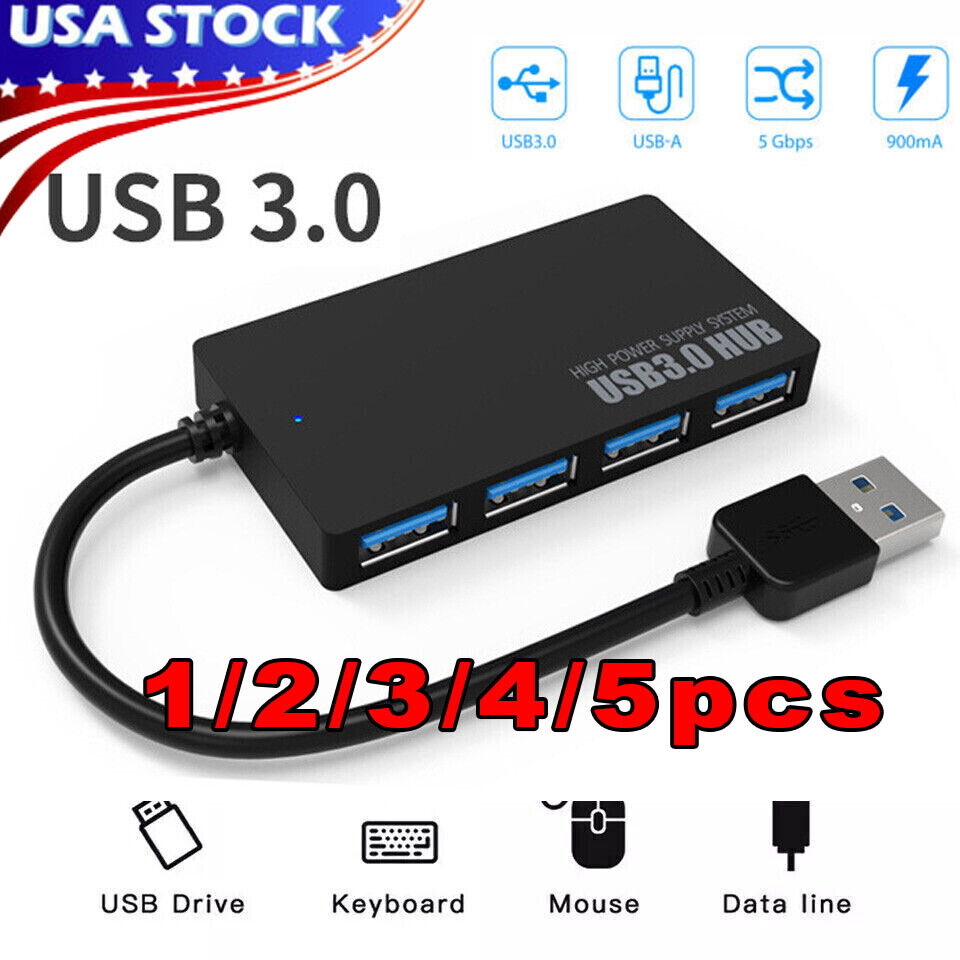 USB 3.0 Hub 4-Port Adapter Charger Data Slim Super Speed PC Mac Laptop Desktop