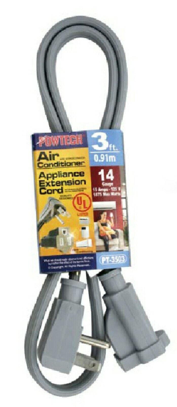 3ft Heavy Duty Appliance AC Power Electric Extension Cord 14 Gauge 15A UL Gray