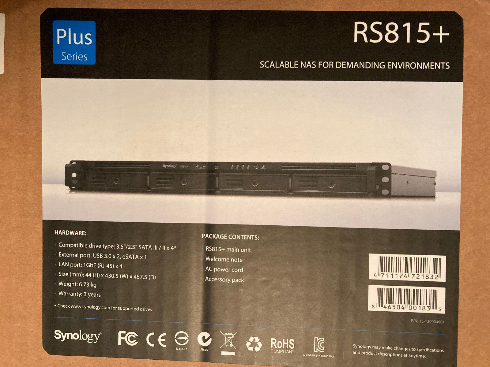 Synology RackStation RS815+ (1U Rack Mount NAS) 4-bay Diskless NEW