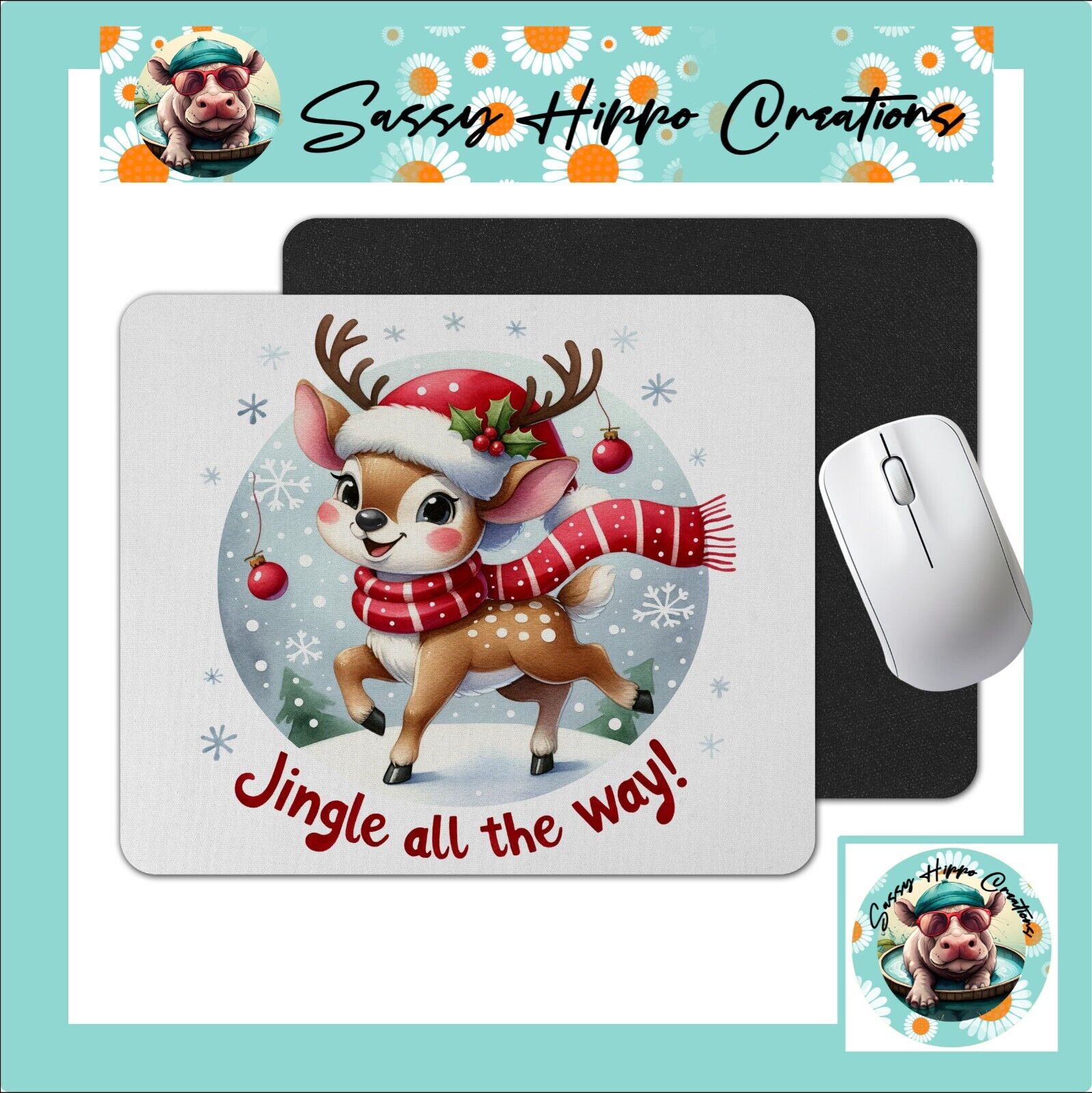 Mouse Pad Cute Reindeer Jingle All the Way Christmas Anti Slip Back Easy Clean
