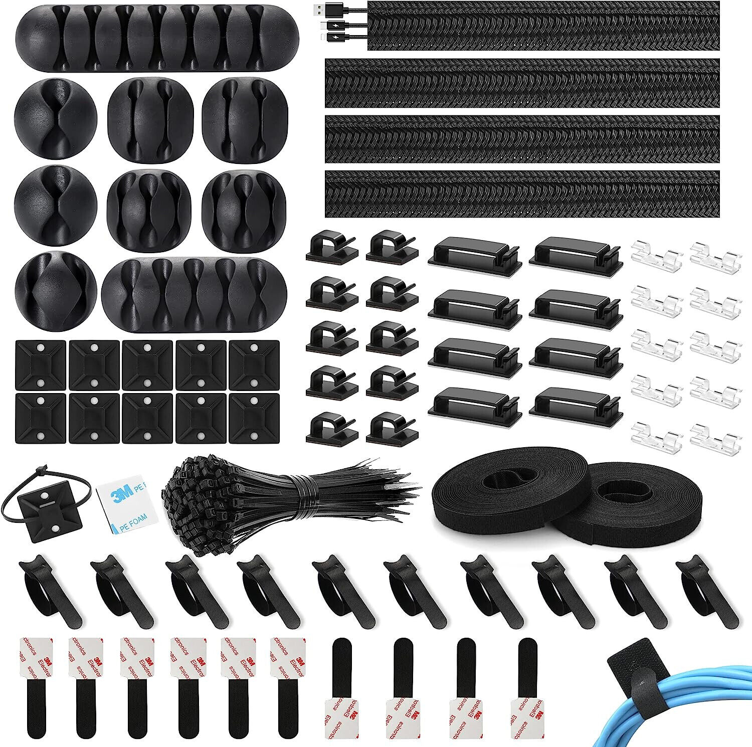173 Pcs Cable Management Kit Wire/Cord Organizer Zip Ties Holder Clips Adhesive
