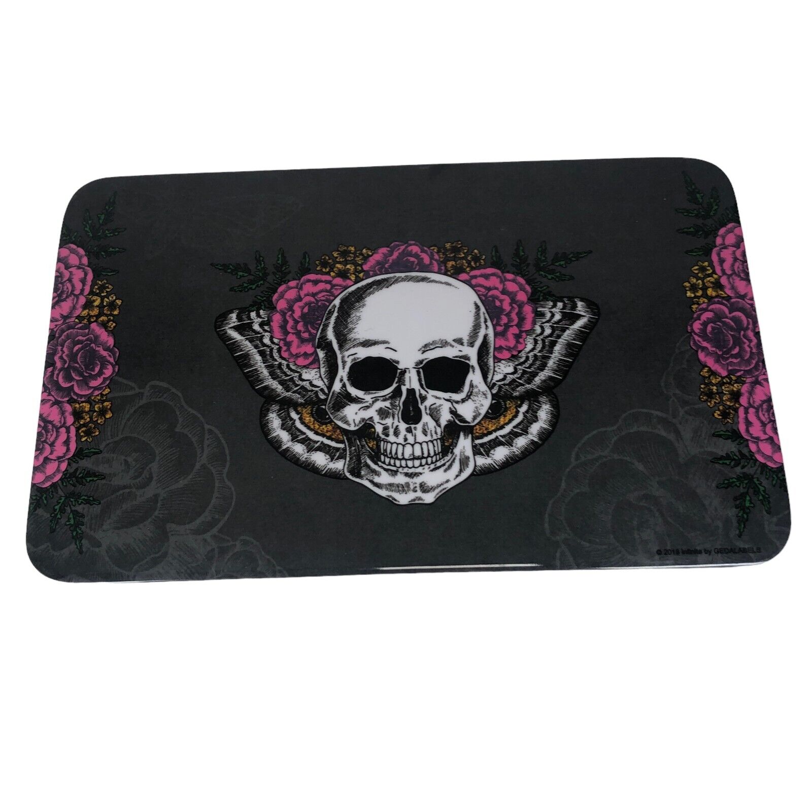 Skull, Roses & Moth Butterfly Gray Plastic Mouse Pad Desk Office Goth Punk Metal