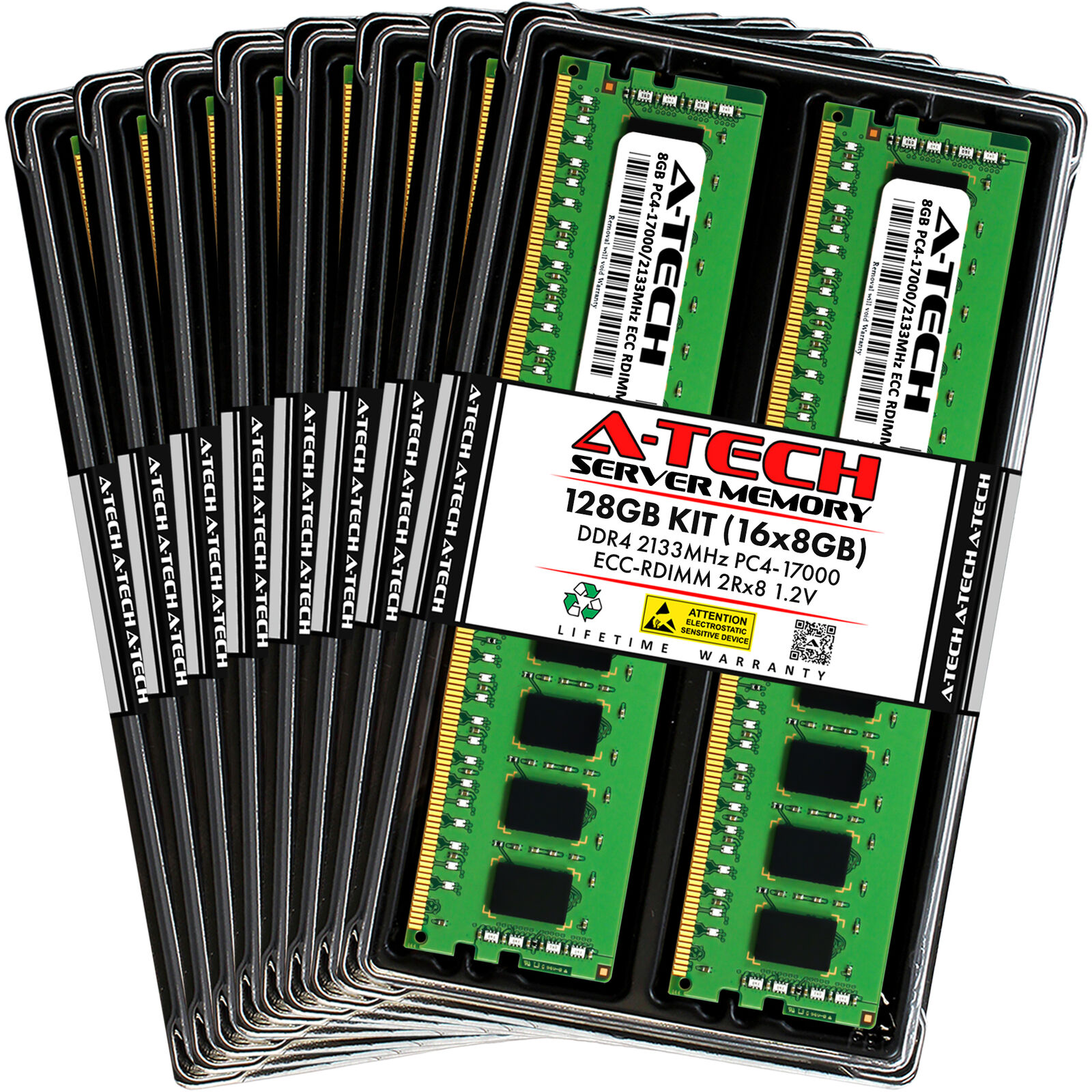 A-Tech 128GB 16x 8GB 2Rx8 PC4-17000R DDR4 2133 ECC REG RDIMM Server Memory RAM