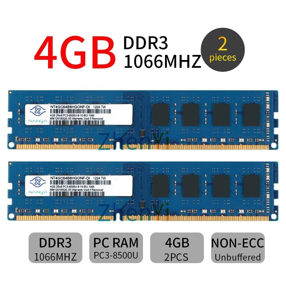 Nanya 8GB 2x 4GB DDR3 1066MHz PC3-8500U 240Pin CL7 DIMM Desktop Memory SDRAM BT