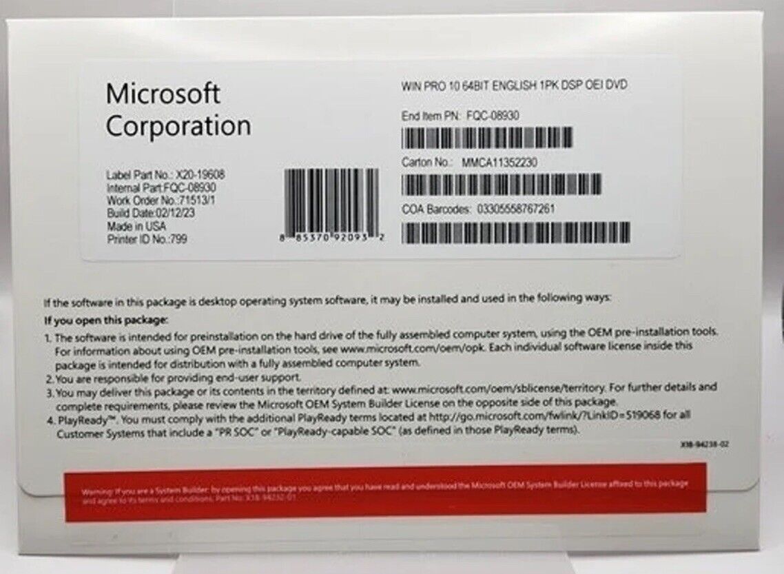 Windows Win 10 pro 64 bit installation DVD with Genuine License Product Key New