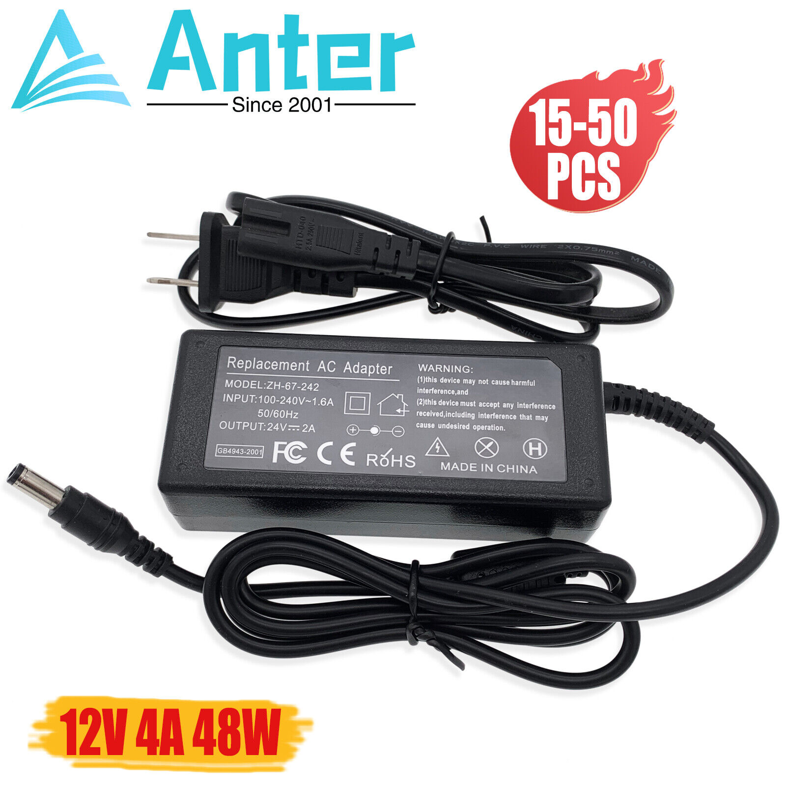 15-50PCS AC Switching Adapter Power 24V 2A For LED Strip Light/CCTV 5.5mm*2.5mm