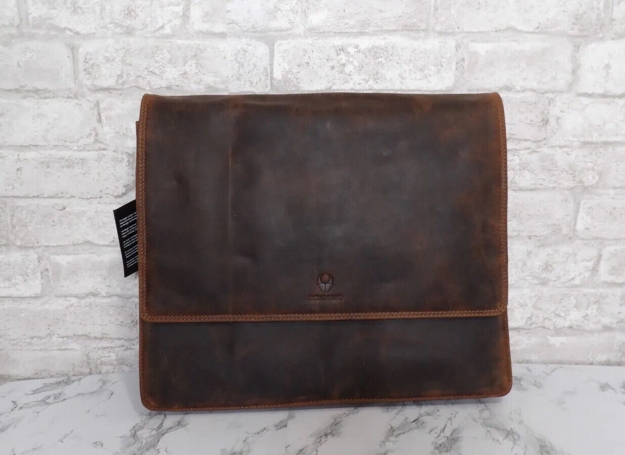 Donbolso Messenger Bag Laptop Vintage Brown Genuine Leather Flap Shoulder Strap