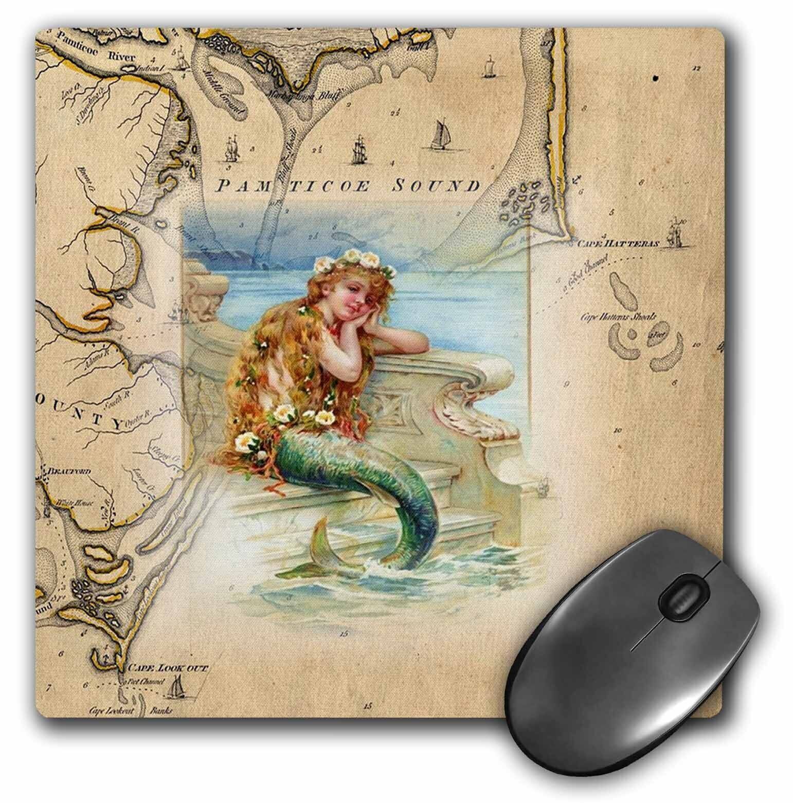 3dRose Print of Vintage Map Outer Banks With Mermaid MousePad