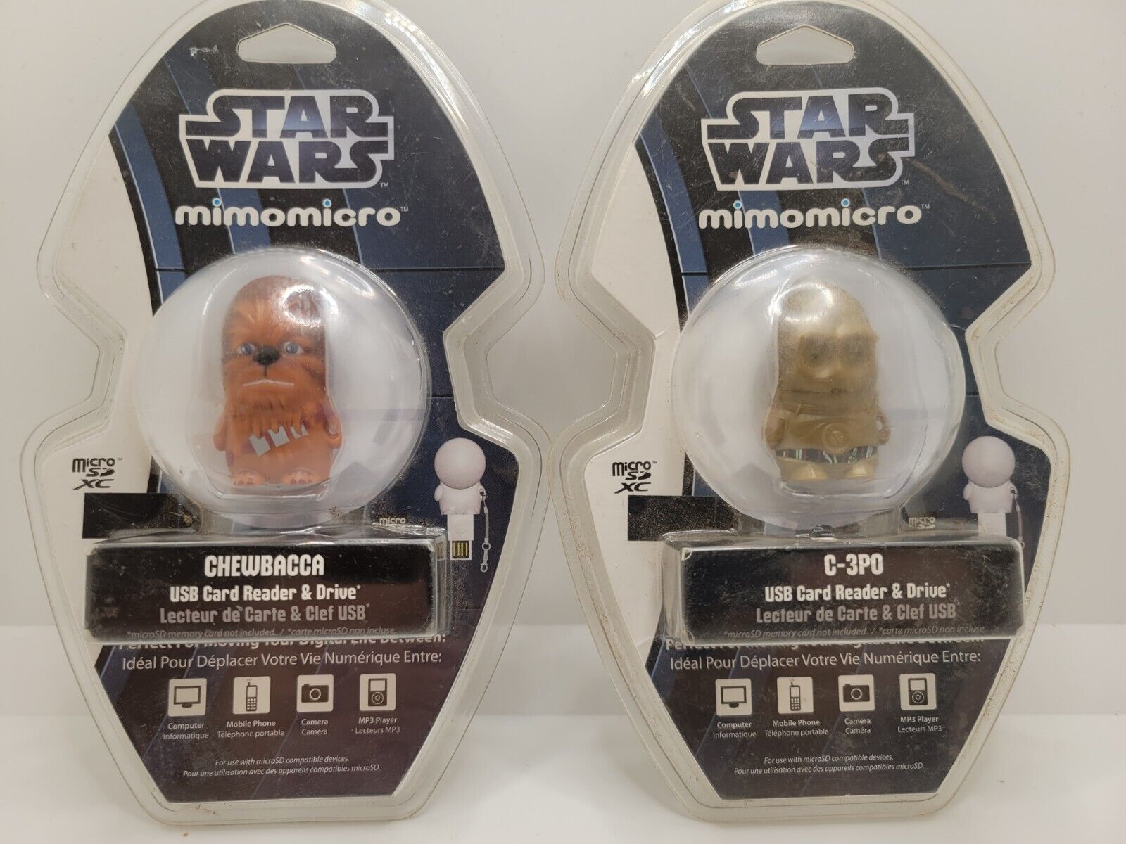 LOT of 2 Chewbacca & C-3PO Star Wars USB Card Reader & Drive 4 MicroSD Keychain 