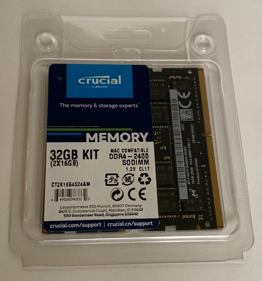 NEW Crucial 32GB Kit (2x16GB) DDR4-2400 SODIMM (CT2K16G4S24AM) Memory for Mac
