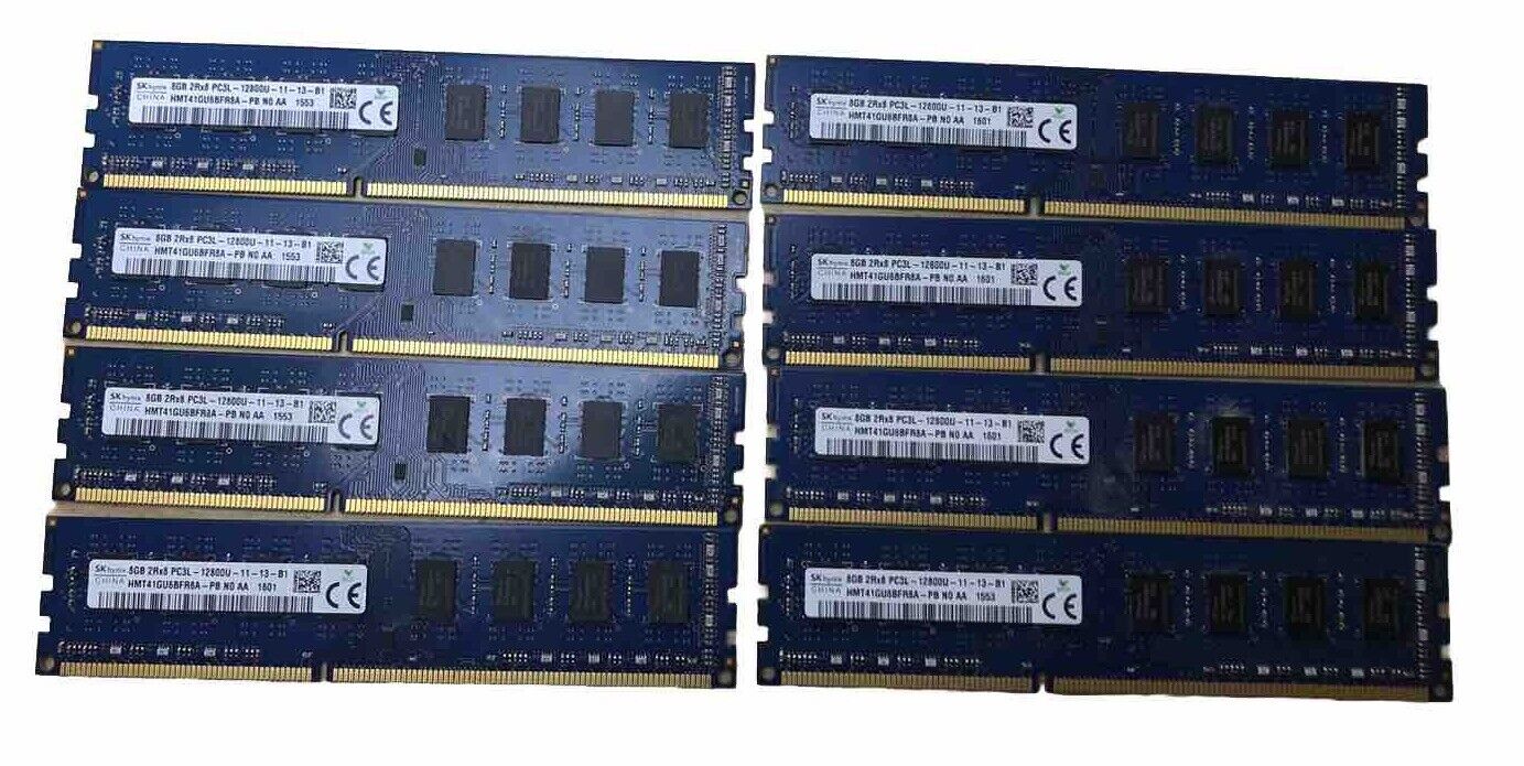 Lot of 8x 8GB (64GB) SK Hynix HMT41GU6BFR8A-PB PC3L-12800U DIMM Desktop RAM