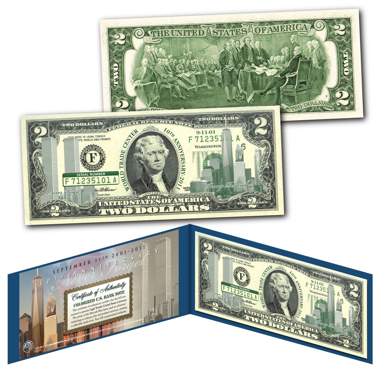 WORLD TRADE CENTER 9/11 * 10th Anniversary * $2 US Bill GRN - SPECIAL LOW PRICE