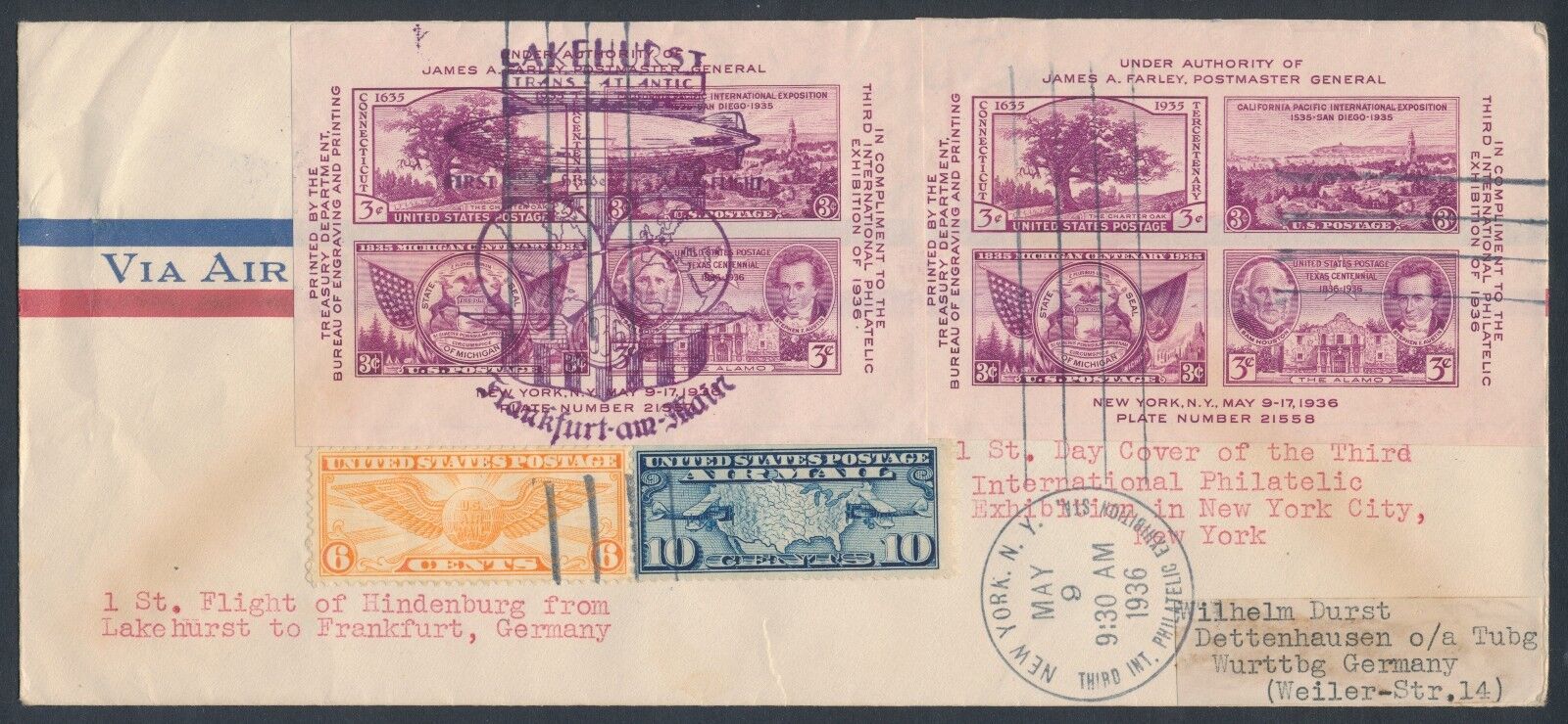 HINDENBURG 1ST FLIGHT COVER W/ #778 S/S (2X) ON FDC; ONBOARD CANCEL BR5300