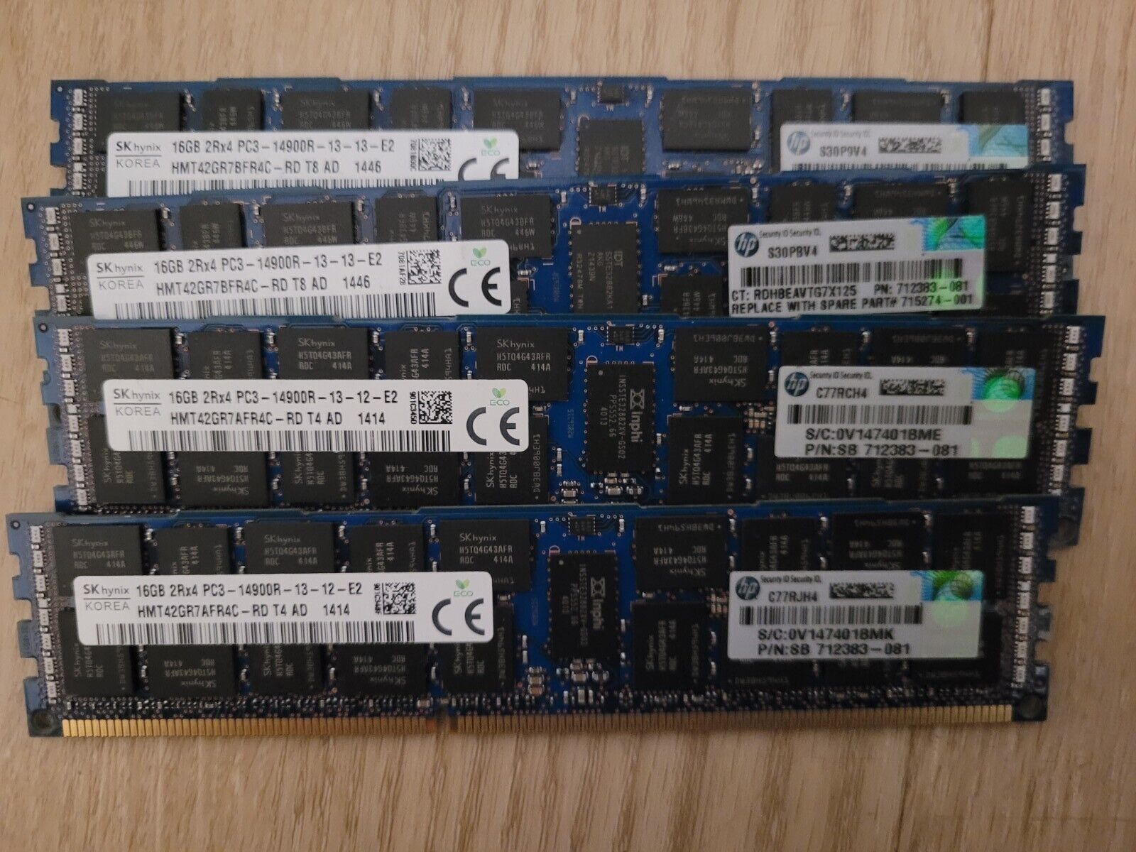 Lot of 4 x 16GB (64GB) SK Hynix HMT42GR7BFR4C-RD PC3-14900R DDR3 Server Memory