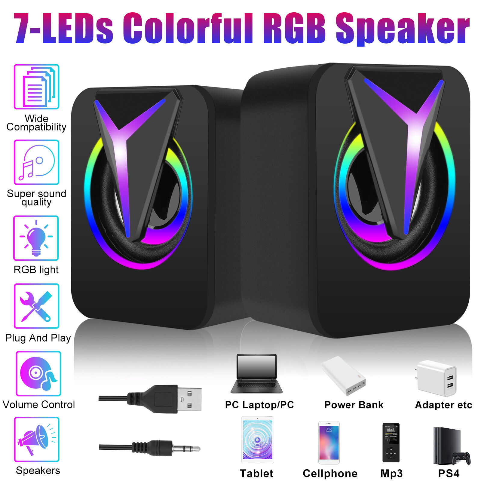 3.5mm RGB LED Mini USB Wired Computer Speakers Stereo Bass For PC Laptop Desktop