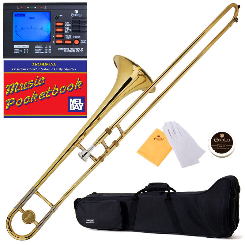 Mendini Gold Lacquered Bb Slide Trombone +Tuner+Case ~MTB-L