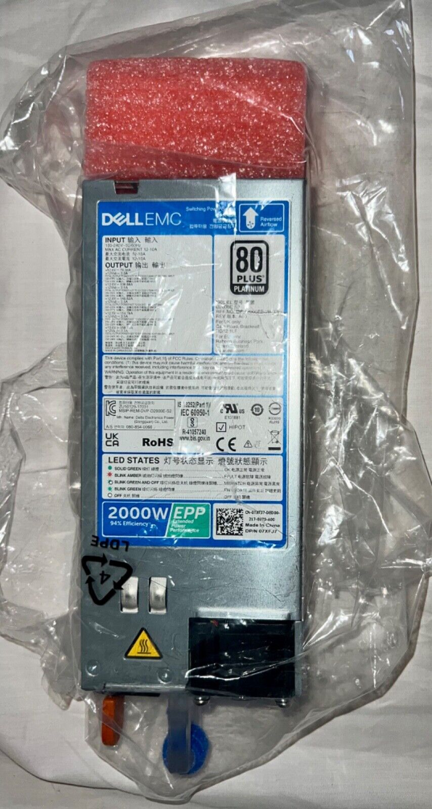 Original New Dell EMC PN 7XFJ7 XE2420 2000W D2000E-S2 Server Power Supply