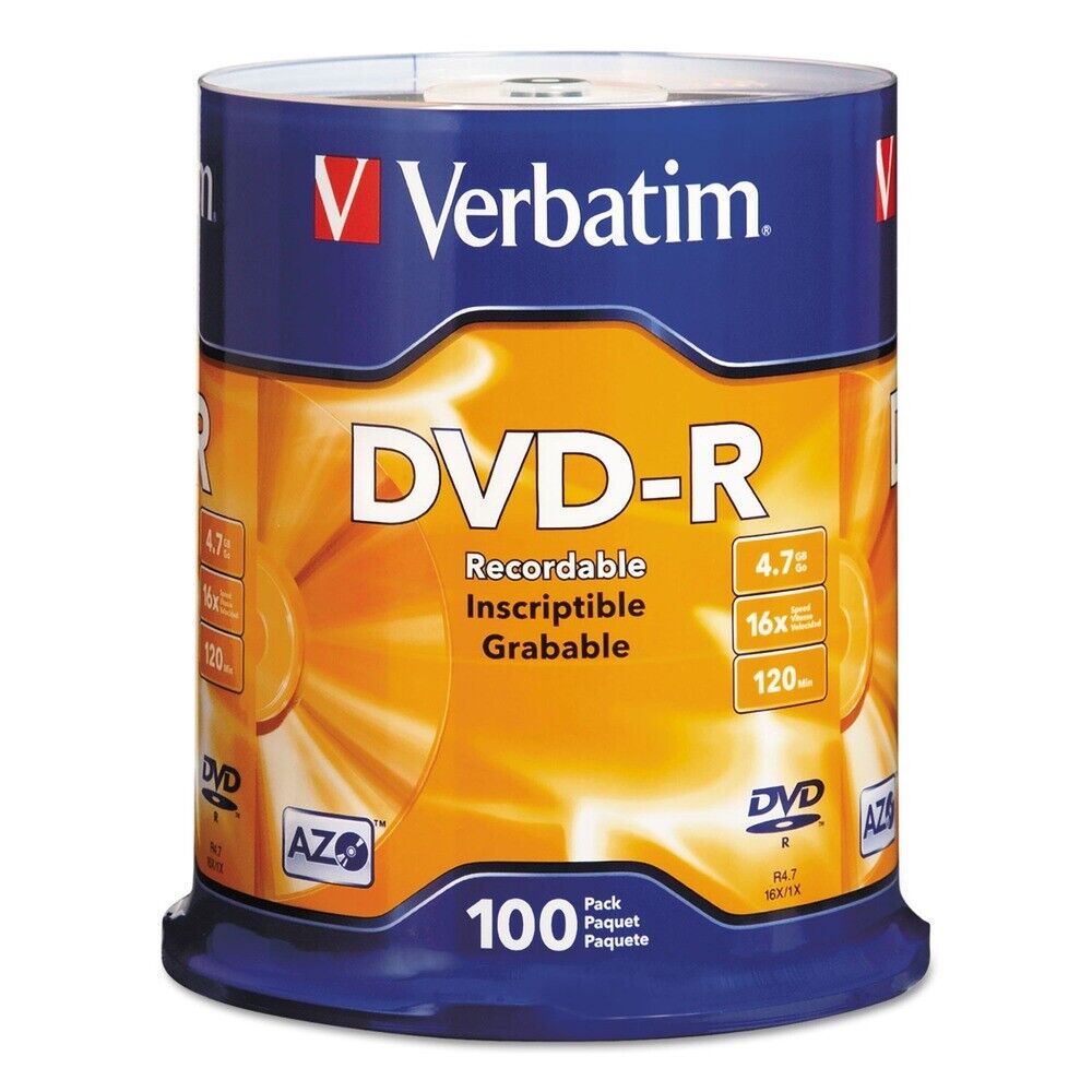 Verbatim 95102 4.7 GB 16X DVD-R Discs Spindle - Silver (100/Pack) New