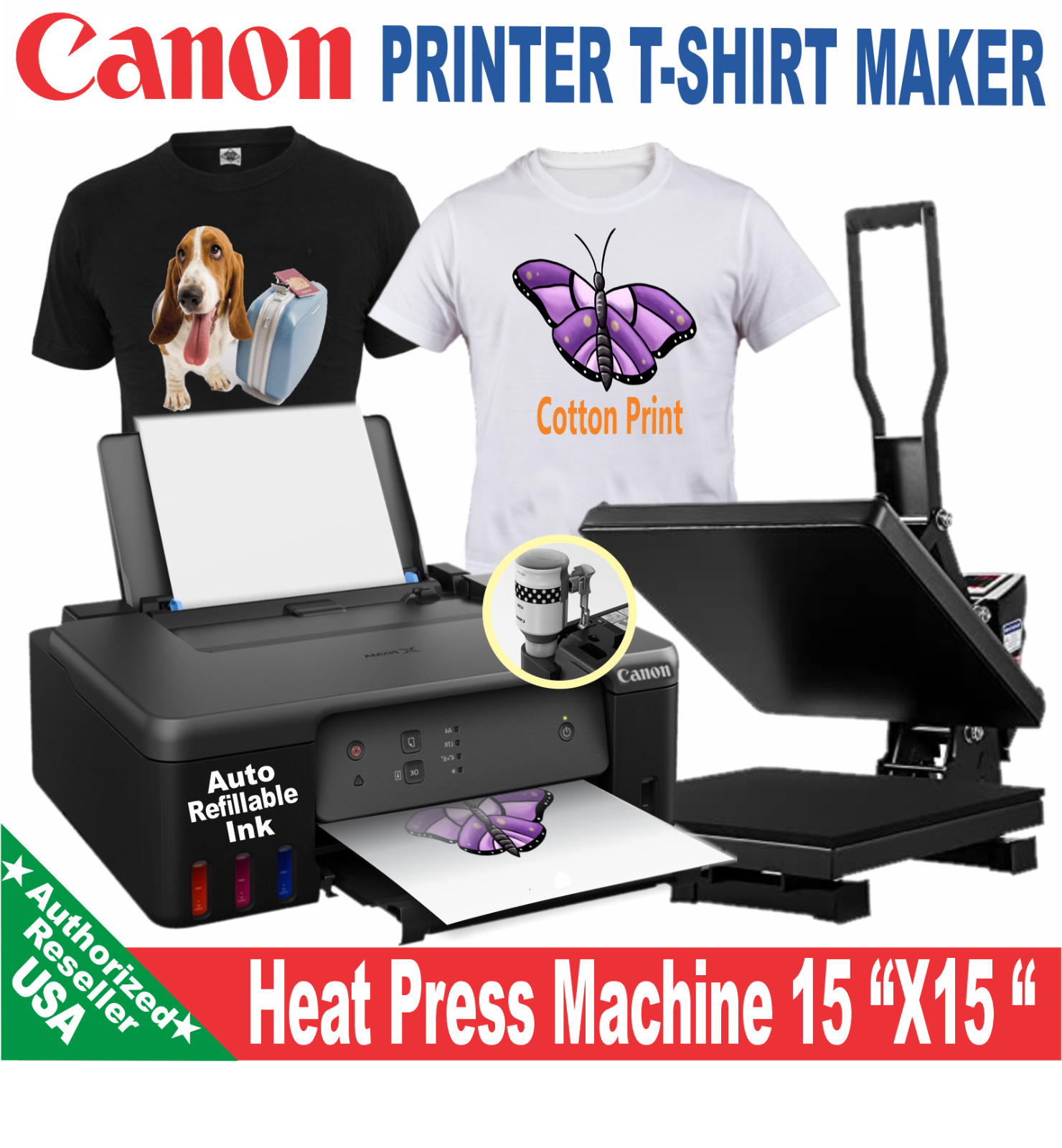 HEAT PRESS 15X15 MACHINE PLUS CANON PRINTER TANK DTF INK T-SHIRT MAKER START
