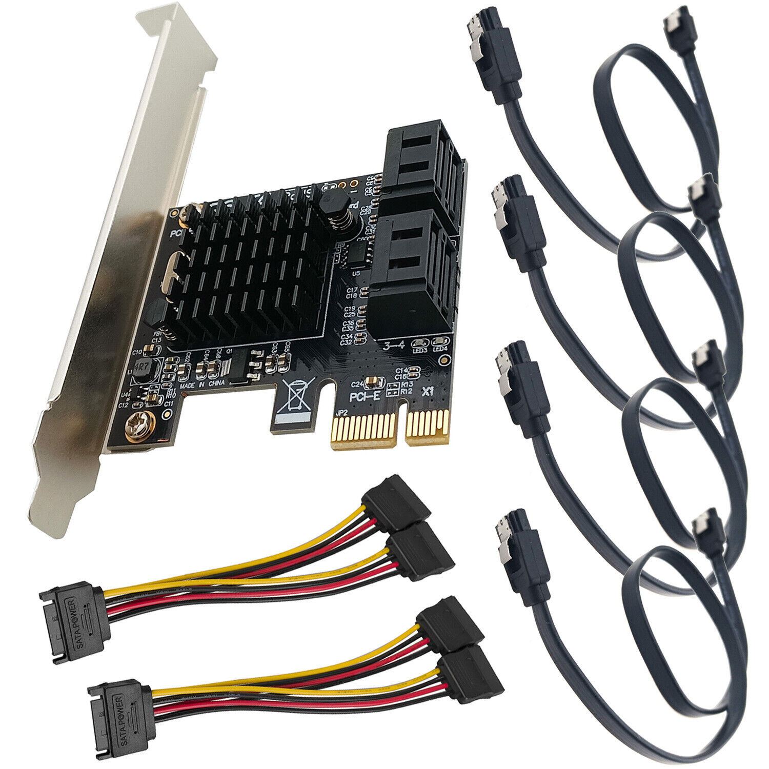PCI-e X1 to SATA III 4 Port Expansion Adapter Desktop PC Data Power Cable Kit